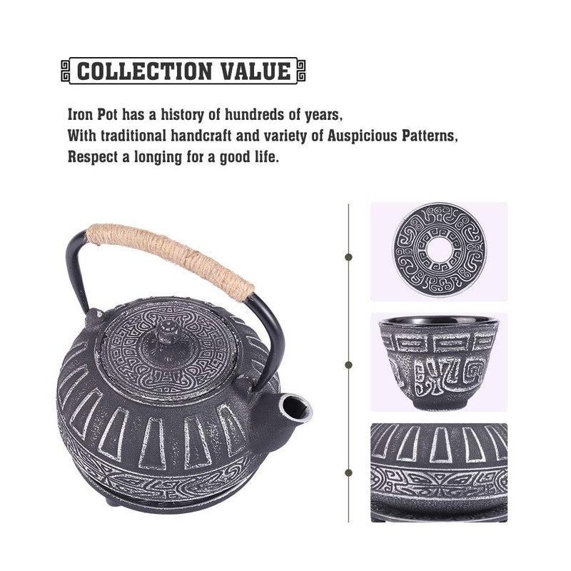 COOGOU Cast Iron Teapot Set Japanese Style Tea Kettle with Infuser, Enameled Interior Cast Iron Tea Pot with 4 Teacup for Stove Top, Handmade Gift for Friend (28 Ounce, Black) - Image 4